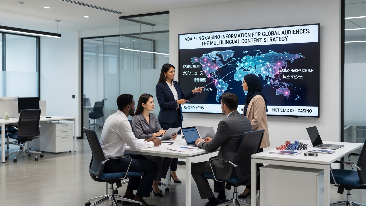 Diverse team collaborating on casino content localization with translation software and cultural reference materials