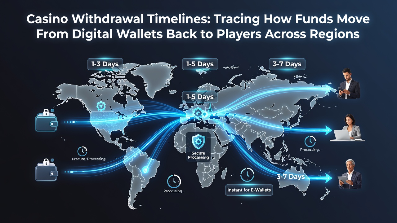 Diagram illustrating the flow of funds from online casino platforms through digital wallets to player bank accounts across various regions