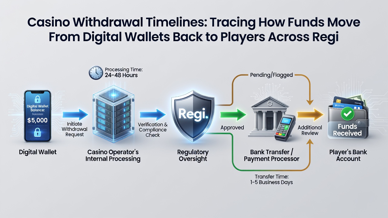 Map highlighting average withdrawal processing times for digital wallets and bank transfers in key global gambling markets