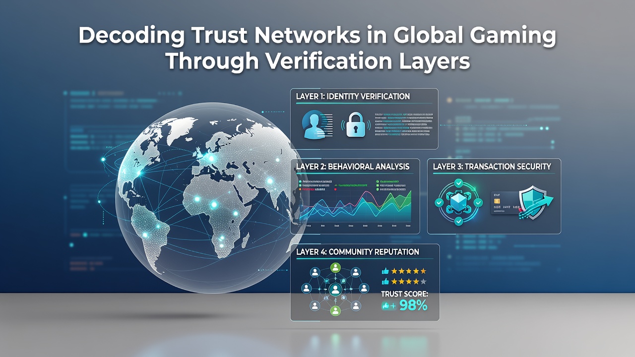 Detailed view of verification layers including KYC checks and blockchain nodes securing gaming transactions worldwide
