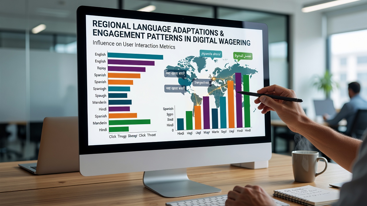 Digital interface showing multiple language options on a wagering platform dashboard with user engagement metrics displayed
