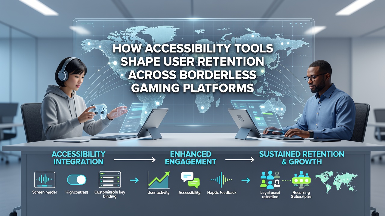 Diverse group of gamers using adaptive technology on borderless platforms with inclusive interface elements visible
