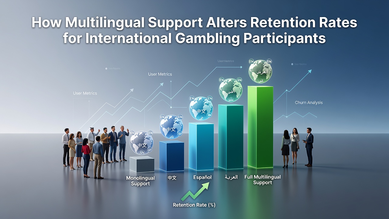 Illustration of diverse international users accessing a multilingual gambling platform interface with language selection options