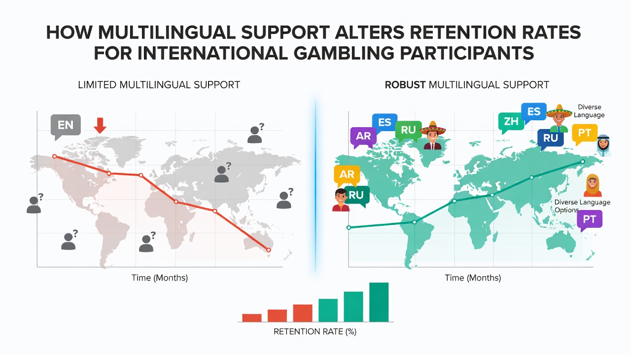 Chart showing retention rate comparisons across different language support levels on international gambling sites