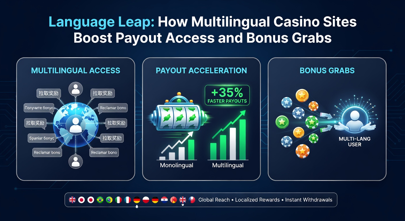 Casino bonus claim interface shown in multiple languages, with payout icons and global flags