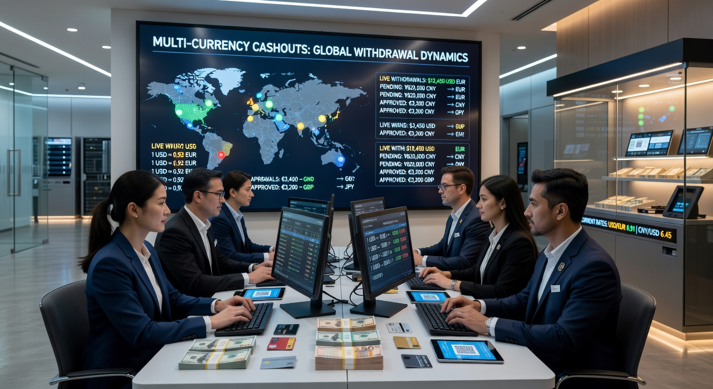 Digital dashboard displaying multiple currency withdrawal options in an online casino platform, highlighting EUR, USD, and CAD selections