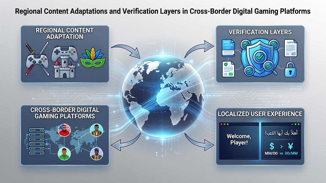 Digital interface showing regional content adaptations across multiple gaming platforms with verification elements