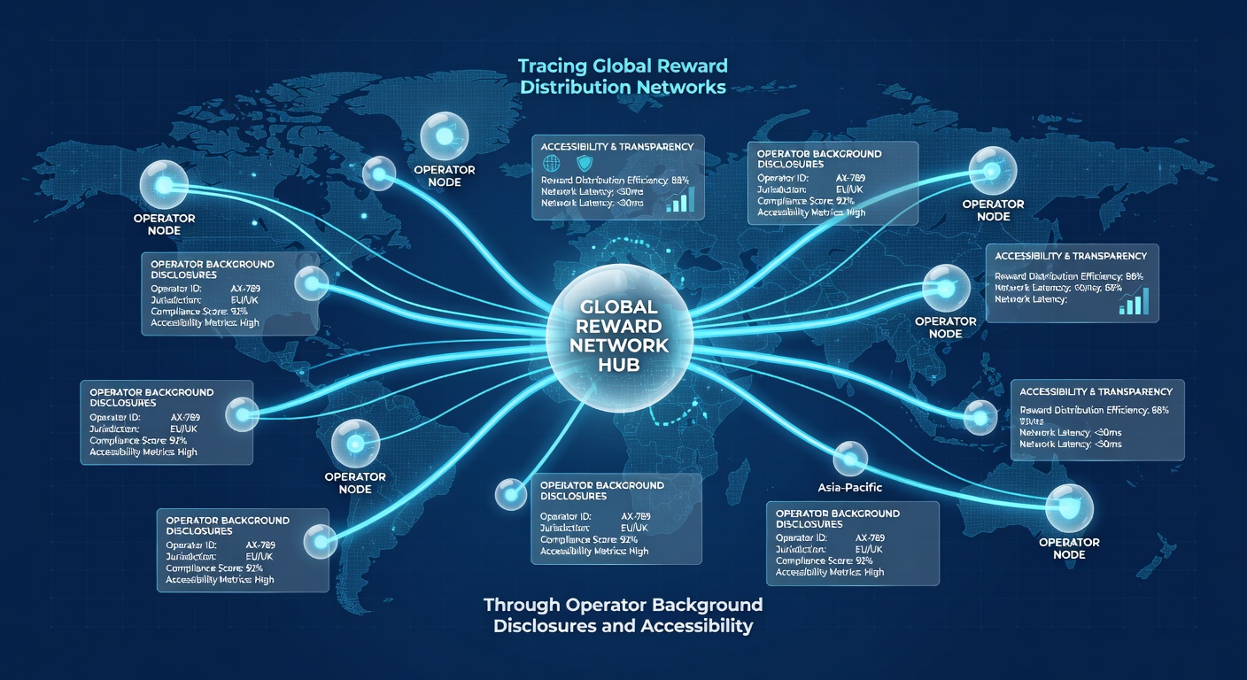 Diagram illustrating accessibility tools such as multilingual interfaces connected to reward distribution timelines across different regions