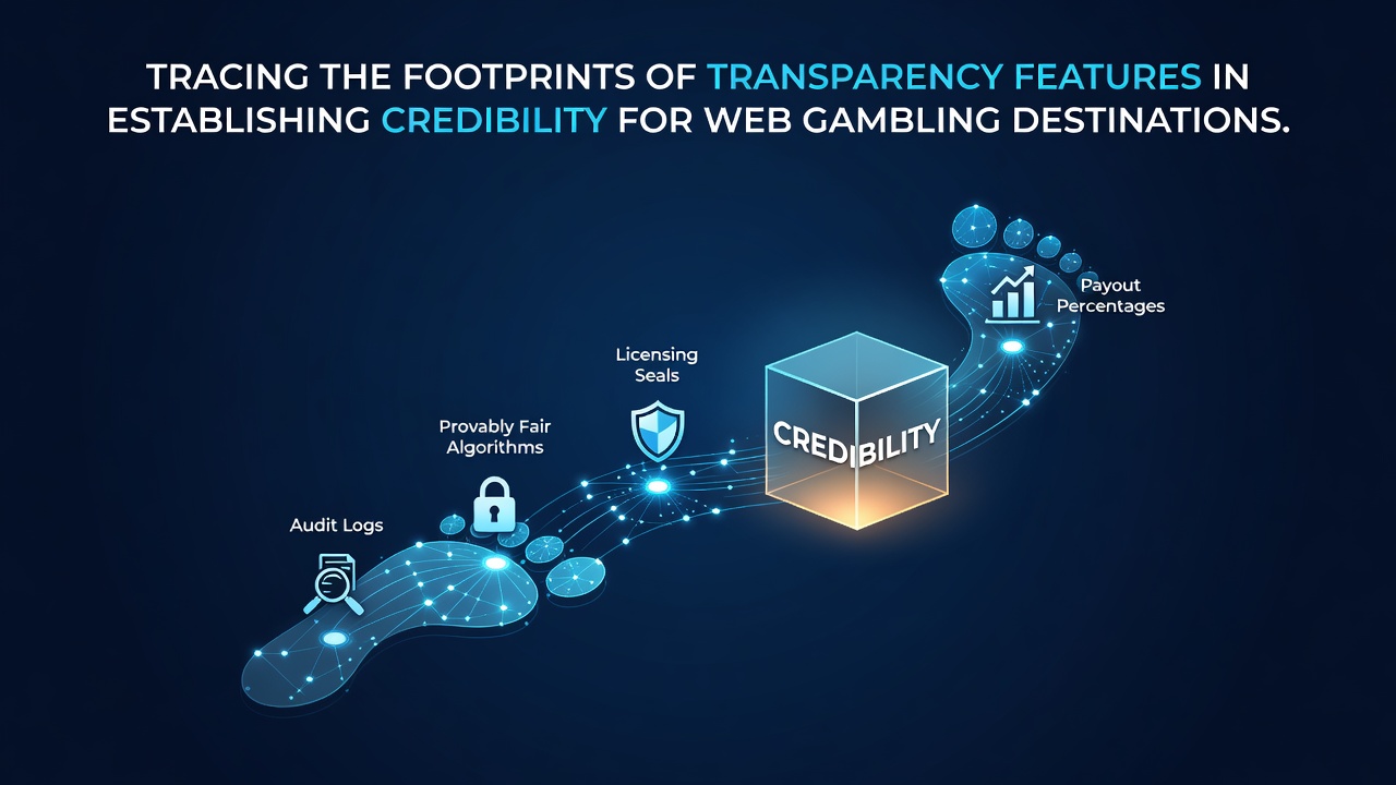 Digital footprints and transparency icons representing credibility checks for online gambling platforms